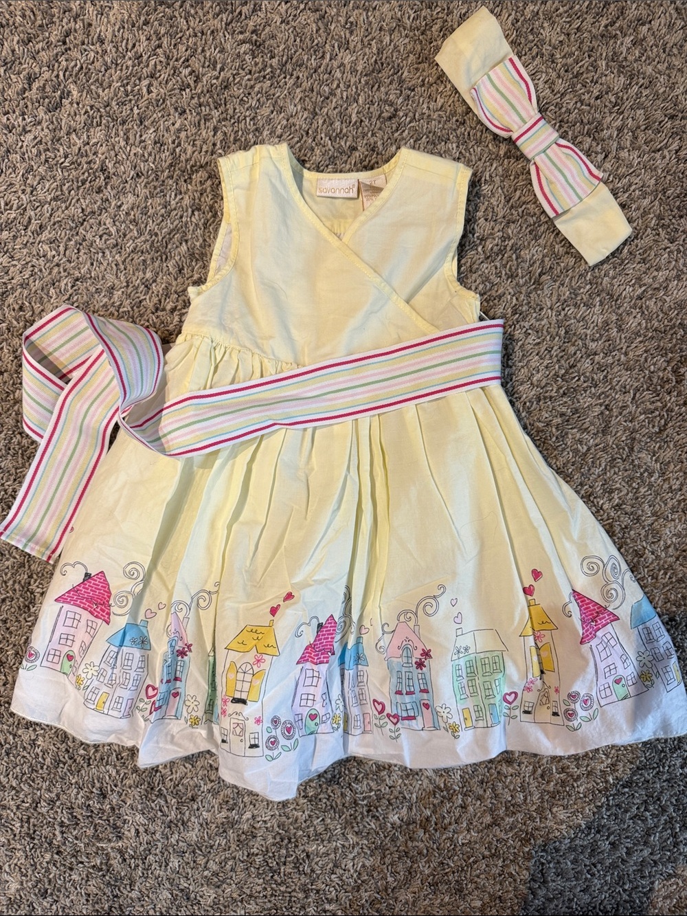 Savannah Pale Yellow Town-Print Dress with Striped Sash & Headband Set